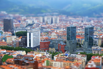 Fototapeta na wymiar Bilbao city skyline tilt shift effect.
