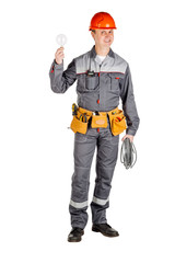 Male builder over white wall background. repair, construction, building, people and maintenance concept.