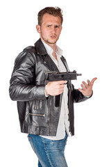 portrait of young man in black eather jacket isolated on a white background. Emotion and people concept.