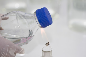 Close-up of bottle being sterilized with an alcohol burner before use in marine plankton culture in...