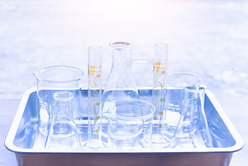 Set of Chemistry Laboratory Glassware in a Metal Tray