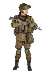 russian special forces soldier with rifle on dark background. army, military and people concept