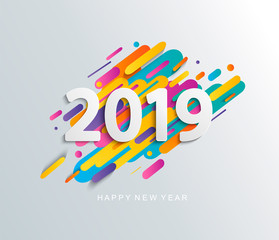 Creative happy new year 2019 card on modern dynamic background. Perfect for presentations, flyers and banners, leaflets, postcards and posters. Vector illustration EPS10