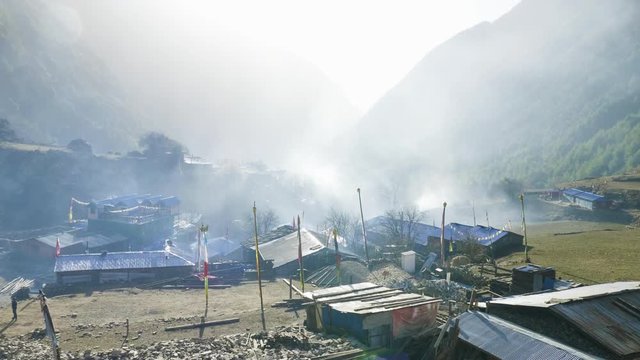 Morning in Nepalese village Lho. Manaslu circuit trek.
