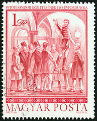 Poet and patriot Sandor Petofi making speech in Cafe Pilvax (Hungary 1972)