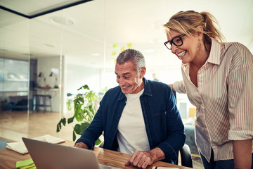 Smiling mature businesspeople working on a laptop in an office