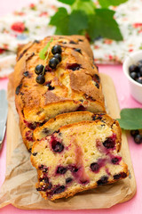 Homemade sweet cake with blackcurrants for tea
