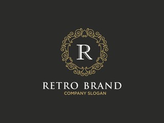 Luxury logo template vector golden vintage flourishes ornament. Good for royal crest, boutique brand, wedding shop, hotel sign, Fashion and other vector illustration