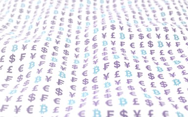 Bitcoin and currency on a white background. Digital Cryptocurrency symbol. Wave effect, currency market fluctuations. Business concept. 3D illustration