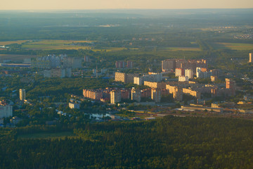 MOSCOW, RUSSIA - JUNE 28, 2018: Aerial view of small city near t