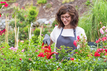 Gärtnerin im Gartencenter lächelnd beim gießen der Rosenpflanzen