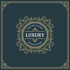 Luxury logo template vector golden vintage flourishes ornament. Good for royal crest, boutique brand, wedding shop, hotel sign, Fashion and other vector illustration