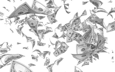 Flying dollars banknotes isolated on white background. Money is flying in the air. 100 US banknotes new sample. Black and white style. 3D illustration