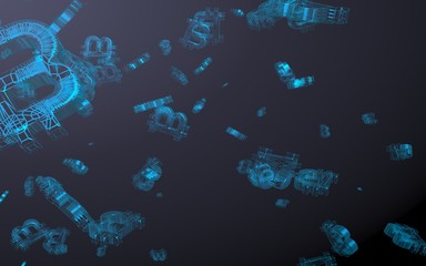 Digital currency symbol Bitcoin on a dark background. Fall of bitcoin. Cryptocurrency graph on virtual screen. Business, Finance and technology concept. 3D illustration