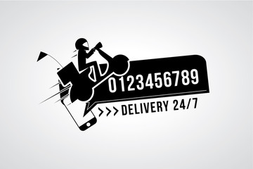 Delivery man riding scooter with call number icons. Express delivery & courier service