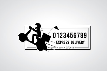 Delivery man riding scooter with call number icons. Express delivery & courier service