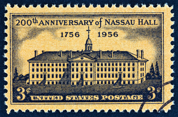 Nassau Hall, Princeton University, contemporary engraving by Henry Dawkins (USA 1956)