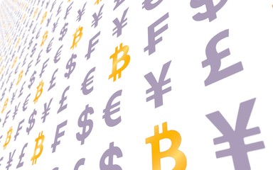 Bitcoin and currency on a white background. Digital Cryptocurrency symbol. Business concept. Market Display. 3D illustration