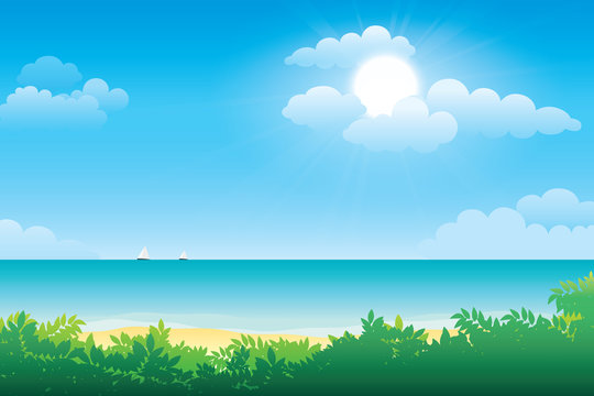 Scenery of seaside and summer beach landscape. Vector seascape background