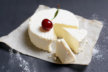 Fresh Cottage Cheese, Ricotta Cheese on Dark Background