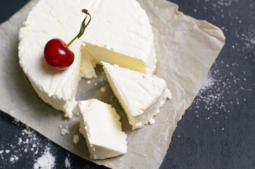 Fresh Cottage Cheese, Ricotta Cheese on Dark Background
