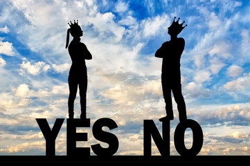 Silhouette of a selfish couple with crowns on their head can not agree, standing on the word yes...