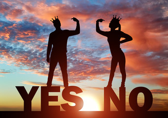 Silhouette of a selfish couple with crowns on their heads, prove their rightness by pointing to...