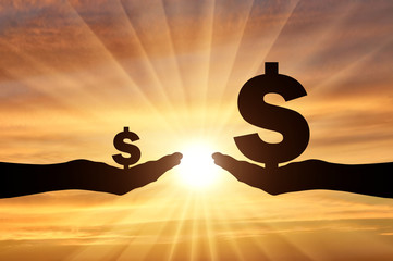 Silhouette of two hands, in one hand a large symbol of Dollar. In the second hand is a small symbol of the dollar
