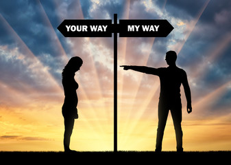 Silhouette of an egoistic man and a sad woman whom he drives away