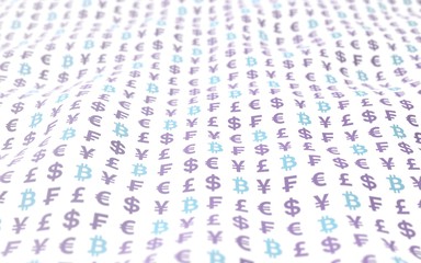 Bitcoin and currency on a white background. Digital Cryptocurrency symbol. Wave effect, currency market fluctuations. Business concept. 3D illustration