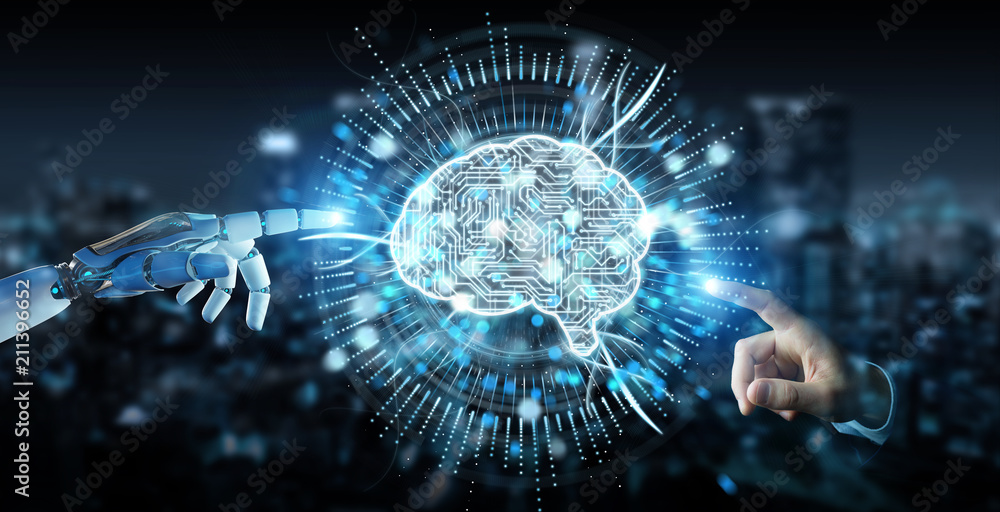 Leinwandbilder white humanoid hand using digital artificial intelligence icon hologram 3d rendering