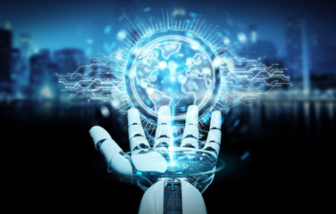 White robot hand using globe network hologram with America Usa map 3D rendering