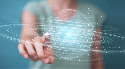 Businesswoman using digital sphere connection hologram 3D rendering
