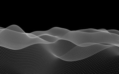 Abstract landscape on a dark background. Cyberspace grid. Hi-tech network. . 3D illustration