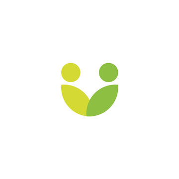 Green leaves logo, abstract stylized people icon, vegan community, people health care, organic food symbol