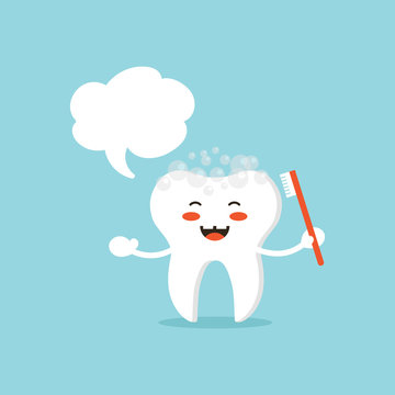 Cute cartoon tooth character smiling, cleaning himself with toothbrush. Concept of giving advice for proper dental and teeth care for kids and adults.