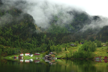 Low clouds in the fjord of Bergen in Norway