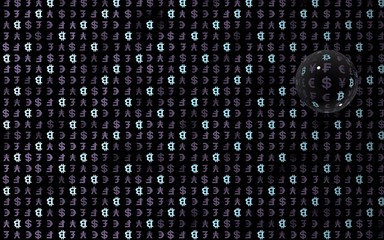 Bitcoin and currency on a dark background. Digital crypto symbol. Currency bubble, wave effect, market fluctuations. Business concept. 3D illustration