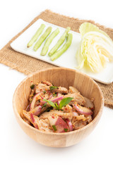 Hot and Spicy Grilled Pork Salad on a white background, Nam Tok Moo