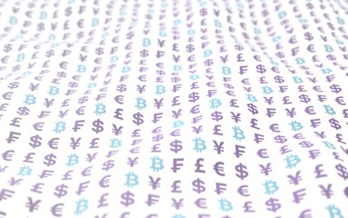 Bitcoin and currency on a white background. Digital Cryptocurrency symbol. Wave effect, currency market fluctuations. Business concept. 3D illustration