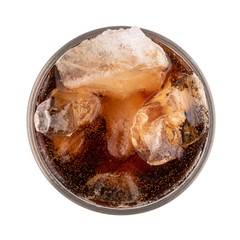 Cola in a glass isolated on white background, Top view