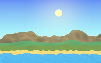 Sun Sea Beach. Noon. Ocean shore line with waves on a beach. Island beach paradise with waves. Vacation, summer, relaxation. Seascape, seashore. Minimalist landscape, primitivism. 3D illustration