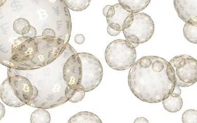 Bitcoin economic financial bubble. Cryptocurrency 3D illustration. Business concept. Golden bubbles on a white background