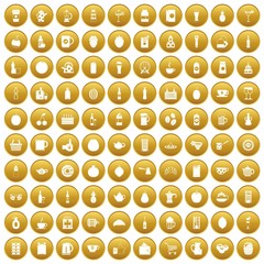 100 beverage icons set in gold circle isolated on white vector illustration