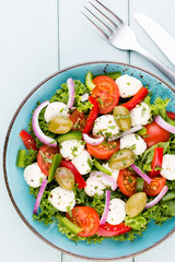 Vegetable salad with cheese mozzarella, tomatoes, basilikum and spice.