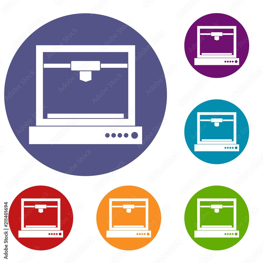 Poster 3d printer model icons set in flat circle red, blue and green color for web