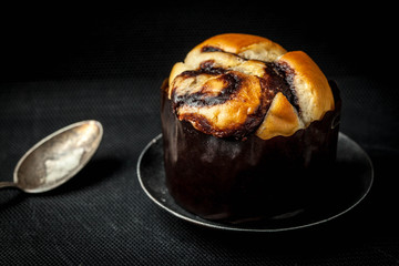 Homemade yeast roll with chocolate.