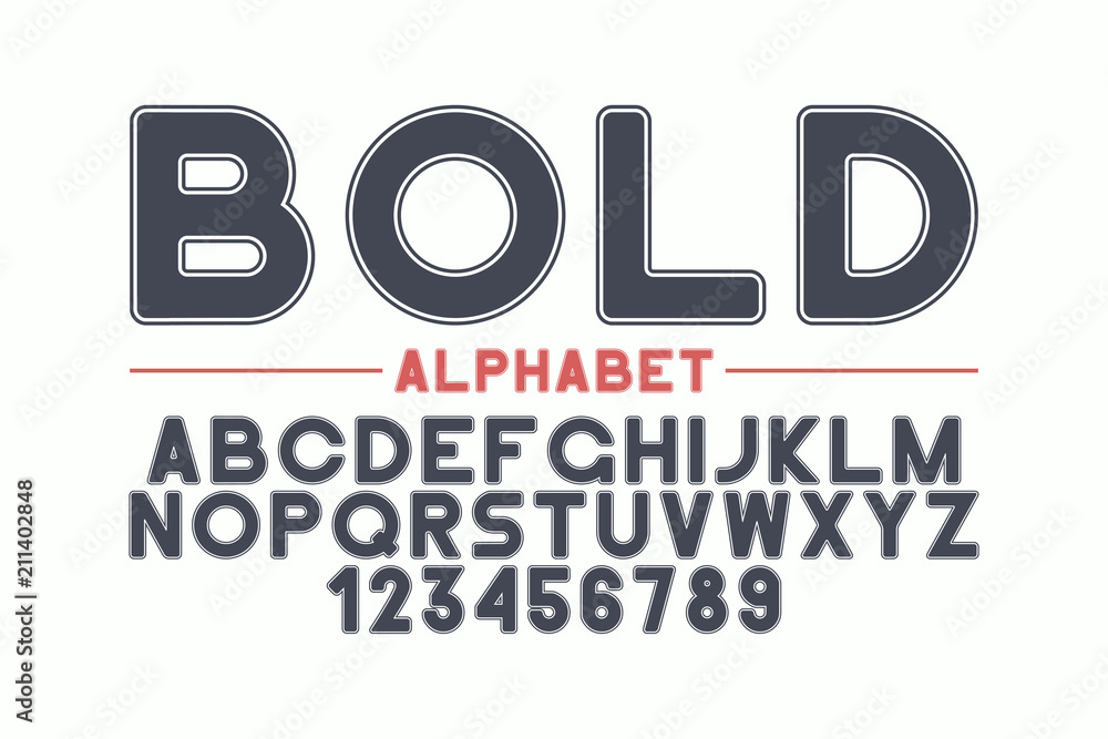 Poster Rounded sans-serif font template. Bold alphabet with numerals. Vector typography typeface.