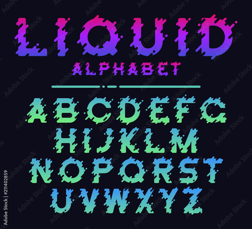 Poster Abstract colorful liquid splash alphabet. Modern gradient font design with dynamic drops. Vector typeface.