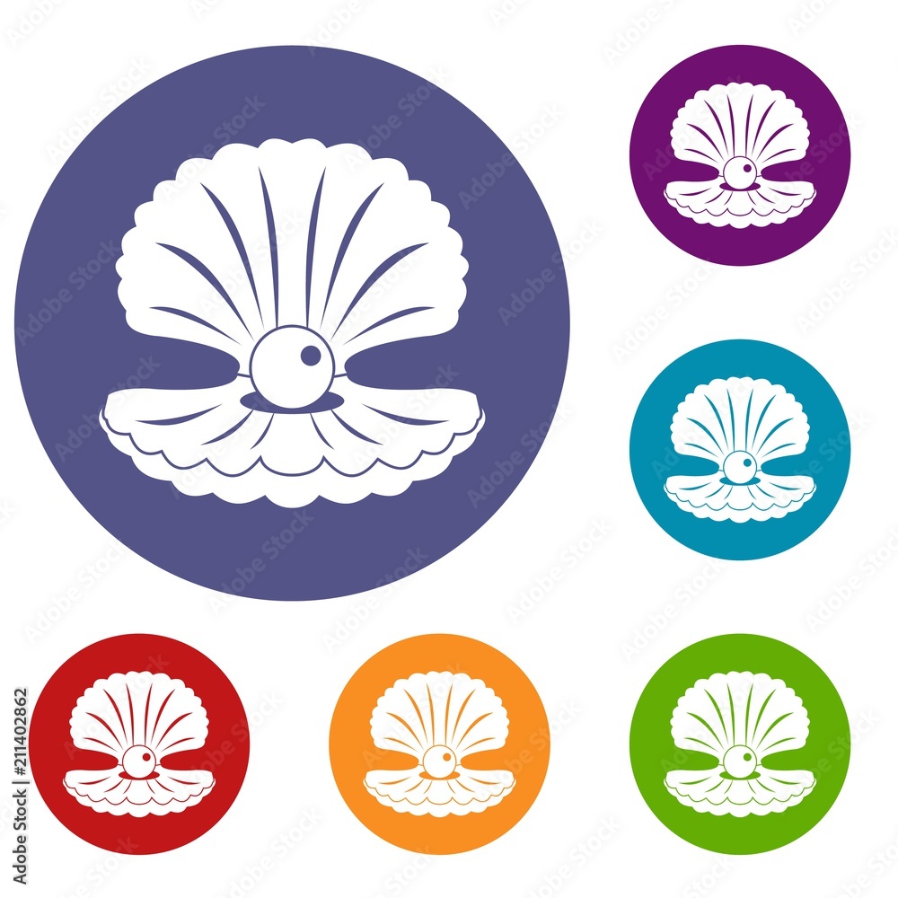 Poster pearl in a shell icons set in flat circle red, blue and green color for web